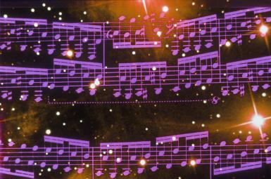 Space special effects composite of red and green musical notes and starry sky
